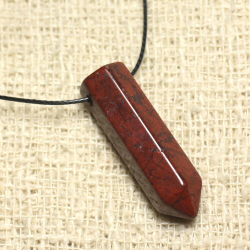 Collier perle pendentif pierre crayon pointe facetté 30mm jaspe brescia poppy rouge marron noir