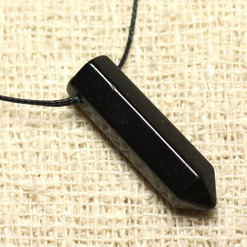 Collier perle pendentif pierre crayon pointe facetté 30mm agate noire