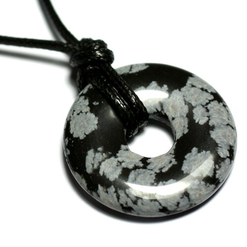 Collier pendentif pierre rond cercle anneau donut pi 30mm obsidienne flocon de neige mouchetée gris noir