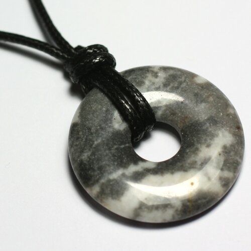 Collier pendentif pierre rond cercle anneau donut pi 30mm jaspe zebre blanc gris noir