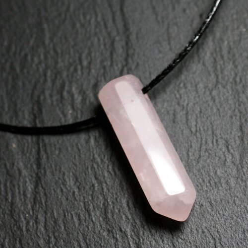 Collier perle pendentif pierre crayon pointe facetté 30mm quartz rose clair