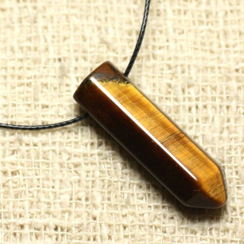 Collier perle pendentif pierre crayon pointe facetté 30mm oeil de tigre marron bronze doré noir reflets