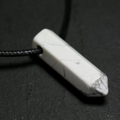 Collier perle pendentif pierre crayon pointe facetté 30mm howlite blanc gris