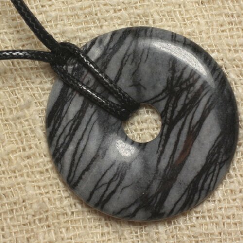 Collier pendentif pierre rond cercle anneau donut pi 40mm jaspe zebre gris noir lignes rayures