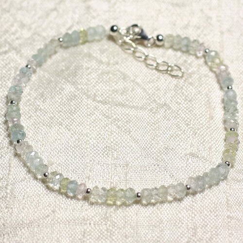 Bracelet argent 925 et pierre - aigue marine kunzite rondelles facettées 3mm
