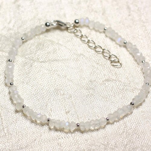 Bracelet argent 925 et pierre - pierre de lune arc en ciel rondelles facettées 3mm