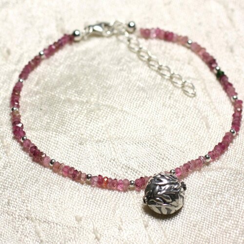 Bracelet argent 925 et pierre tourmaline rose rondelles facettées 2-3mm et perle argent