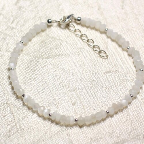 Bracelet argent 925 et pierre - pierre de lune blanche rondelles facettées 3mm