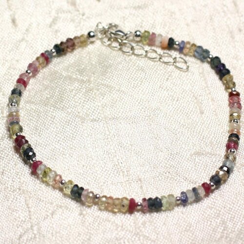 Bracelet argent 925 et pierre - saphir multicolore rondelles facettées 3mm
