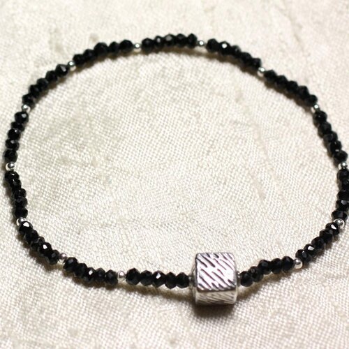 Bracelet argent 925 et pierre - spinelle noir rondelles facettées 3x2mm