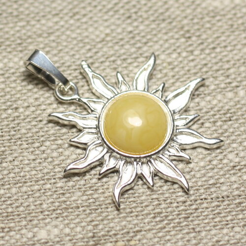 Pendentif argent 925 et pierre - soleil 28mm - ambre jaune clair rond 10mm