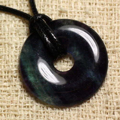 Collier perle pendentif pierre fluorite rond cercle anneau donut pi 40mm