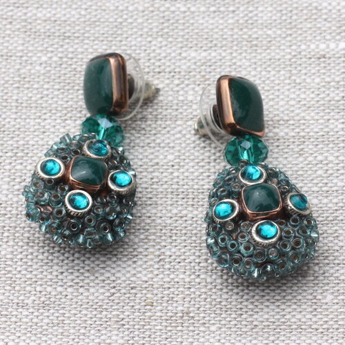 Boucles d'oreilles résine et verre bleu vert paon canard gouttes 42mm - ethnique vintage designer francais