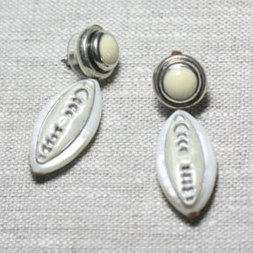 Boucles d'oreilles résine ccb nacre argenté blanc jaune clous pendantes navettes 45mm - ethnique vintage designer francais - 874