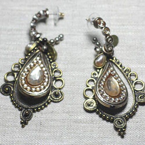 Boucles d'oreilles résine ccb blanc bronze argenté pendantes gouttes 85mm - ethnique vintage designer francais