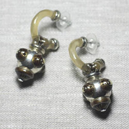 Boucles d'oreilles résine ccb argenté marron pendantes 50mm - ethnique vintage designer francais