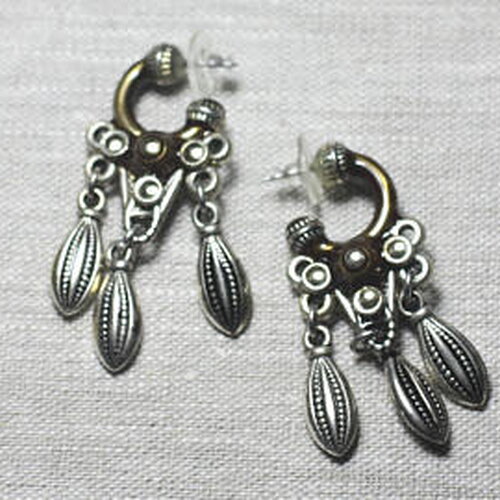 Boucles d'oreilles résine ccb argenté bronze pendantes navettes breloques 60mm - ethnique vintage designer francais - 8741140026