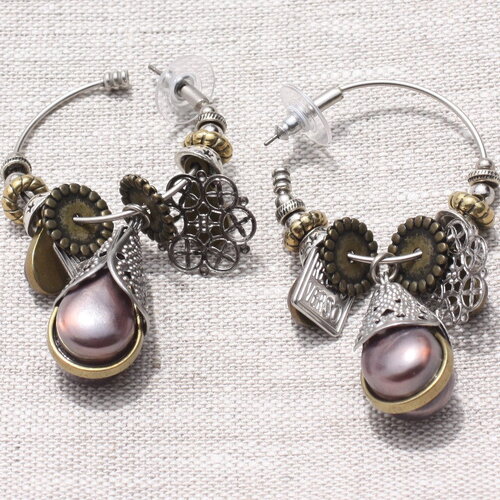 Boucles d'oreilles pendantes anneaux créoles résine rose argenté bronze 63mm - ethnique vintage designer francais - 874114002515
