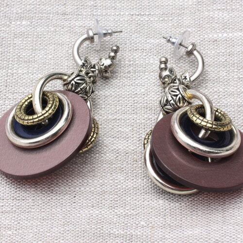 Boucles d'oreilles pendantes anneaux cercles résine rose doré argenté 70mm - ethnique vintage designer francais