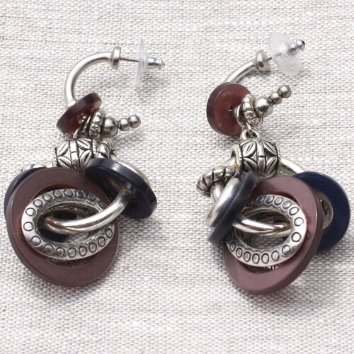Boucles d'oreilles pendantes anneaux cercles résine rose bleu argenté 70mm - ethnique vintage designer francais