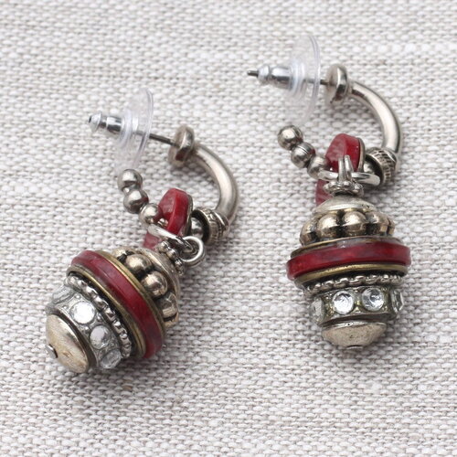 Boucles d'oreilles créoles pendantes résine et ccb rouge bronze argenté lanterne 46mm - ethnique vintage designer francais - 874
