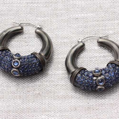 Boucles d'oreilles créoles cercles résine et verre bleu marine bronze 36mm - ethnique vintage designer francais