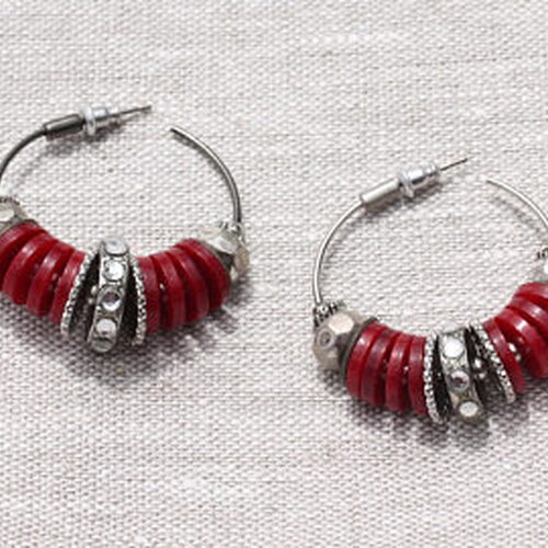 Boucles d'oreilles créoles anneaux cercles résine et ccb rouge argenté 38mm - ethnique vintage designer francais
