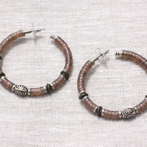 Boucles d'oreilles créoles anneaux cercles résine et ccb rose argenté bronze 54mm - ethnique vintage designer francais - 8741140