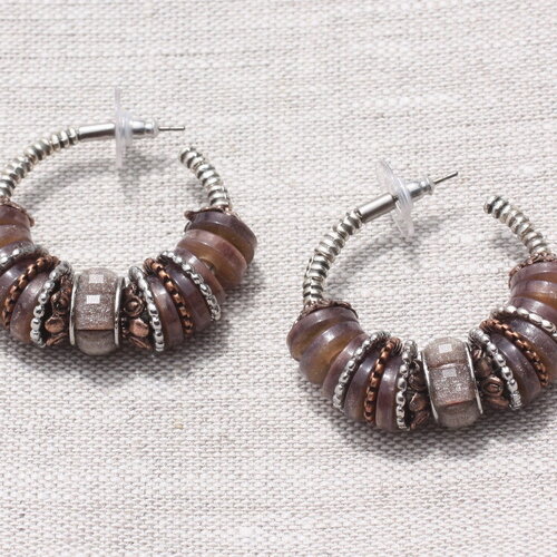 Boucles d'oreilles créoles anneaux cercle résine et ccb rose orange argenté cuivre 40mm - ethnique vintage designer francais - 8
