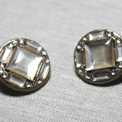 Boucles d'oreilles clips résine ccb beige ronds strass 30mm - ethnique vintage designer francais