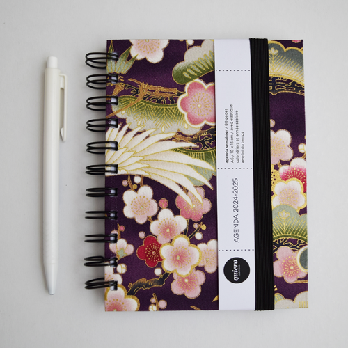 Agenda a6 2024-2025 / 16 mois / tissu japonais "fleurs sur violet" / 10x15cm / pour la rentrée / idéal pour le sac à main