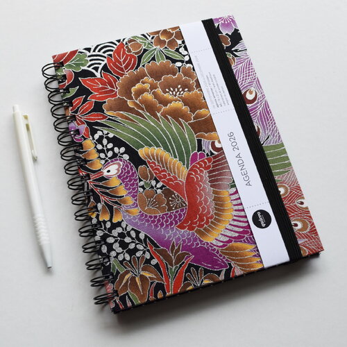 Agenda a5 2026 / tissu japonais paon, argent / 15x21cm / idéal pour le bureau