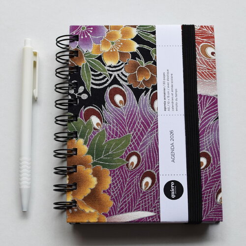 Agenda a6 2026 / tissu japonais paon et fleurs (argent) / 10x15cm / pour la rentrée / idéal pour le sac à main