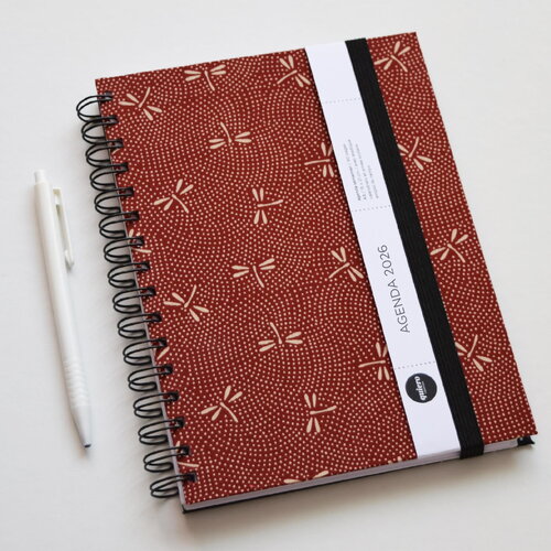 Agenda a5 2026 / tissu japonais libellule sur rouge / 15x21cm / idéal pour le bureau