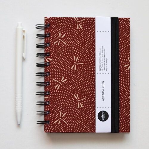 Agenda a6 2026 / tissu japonais libellule sur rouge / 10x15cm / pour la rentrée / idéal pour le sac à main