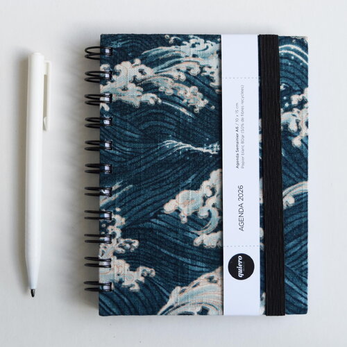 Agenda a6 2026 / tissu japonais vagues, bleu / 10x15cm / pour la rentrée / idéal pour le sac à main
