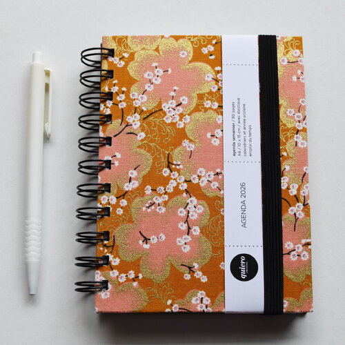 Agenda a6 2026 / tissu japonais cerisier sur orange / 10x15cm / pour la rentrée / idéal pour le sac à main