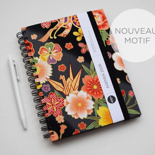 Nouveau* agenda a5 2026 / avec tissu japonais - origami et fleurs / 15x21cm / rentrée / idéal pour le bureau / organisation