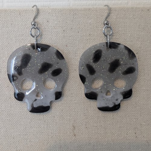 Boucles d’oreilles calavera , gris fumé & noir collection " halloween"