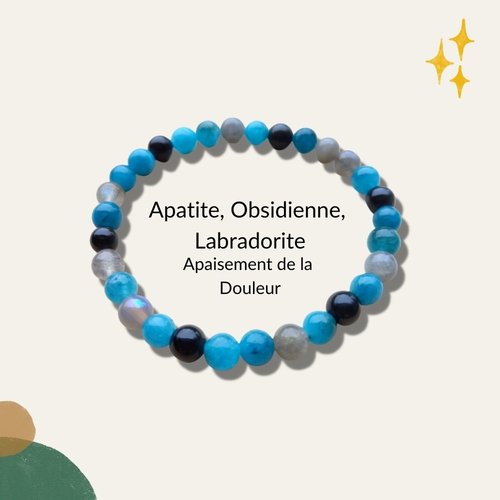 Bracelet douleurs apaisées en pierres naturelles apatite bleue labradorite obsidienne 6mm élastique lithothérapie fait main