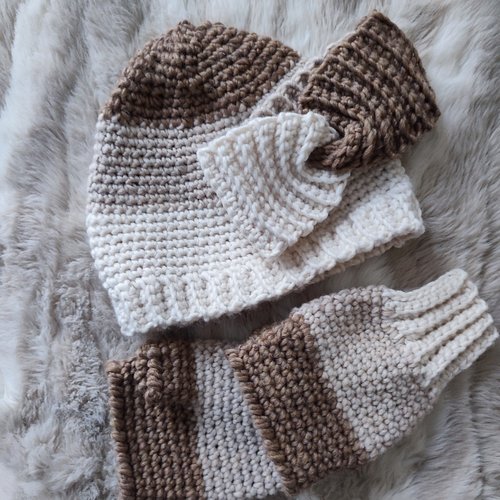 Ensemble bonnet,bandeau et mitaines tricolore en laine alpaga, laine