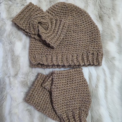 Ensemble bonnet et mitaines marron en laine alpaga et laine