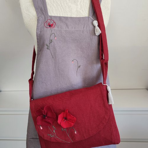 Robe tablier, besace en lin les coquelicots