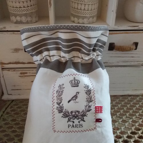 Pochon en drap ancien et toile à matelas