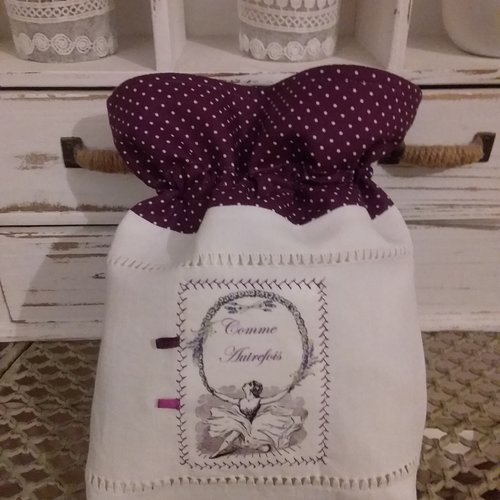 Pochon en drap ancien ajouré et tissu à pois