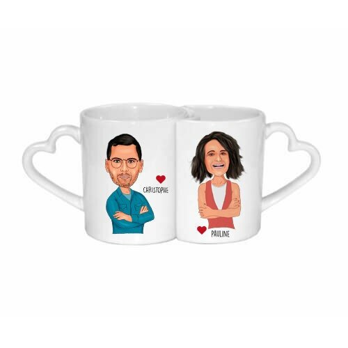 2 mug personnalisé portrait pour un couple, cadeau de la saint-valentin, poignée - cœur