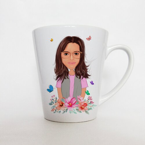 Mug portrait, portrait d'une femme avec un motif de fleurs,  cadeau d'anniversaire pour maman,  mug blanc coniques latte, fête des mères