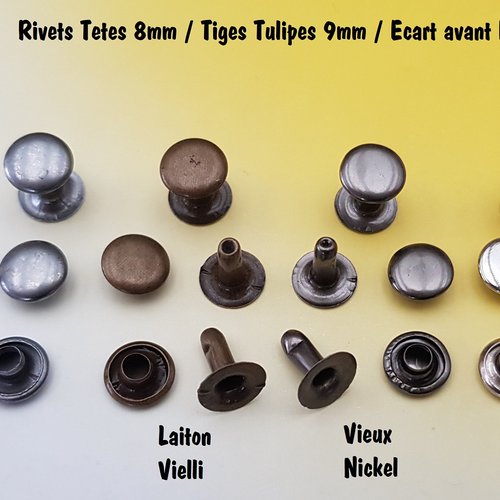 200 rivets diametre 8 mm , tige tulipe , rivets classiques , special cuir argenté , vieux laiton , métal ou vieux nickel