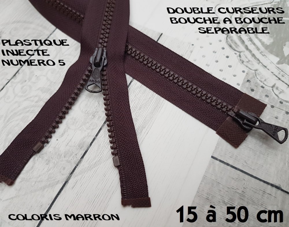fermeture 45 cm marron double curseur largeur 3.2 cm non séparable zip  métal laiton largeur 6 mm