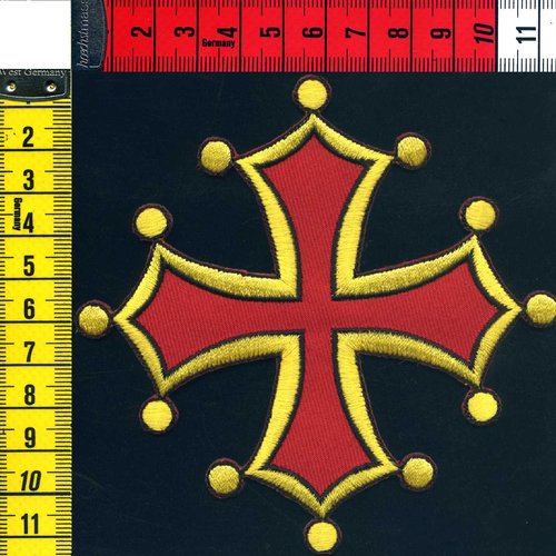 Grande croix occitane ecusson brodé thermocollant rouge et jaune